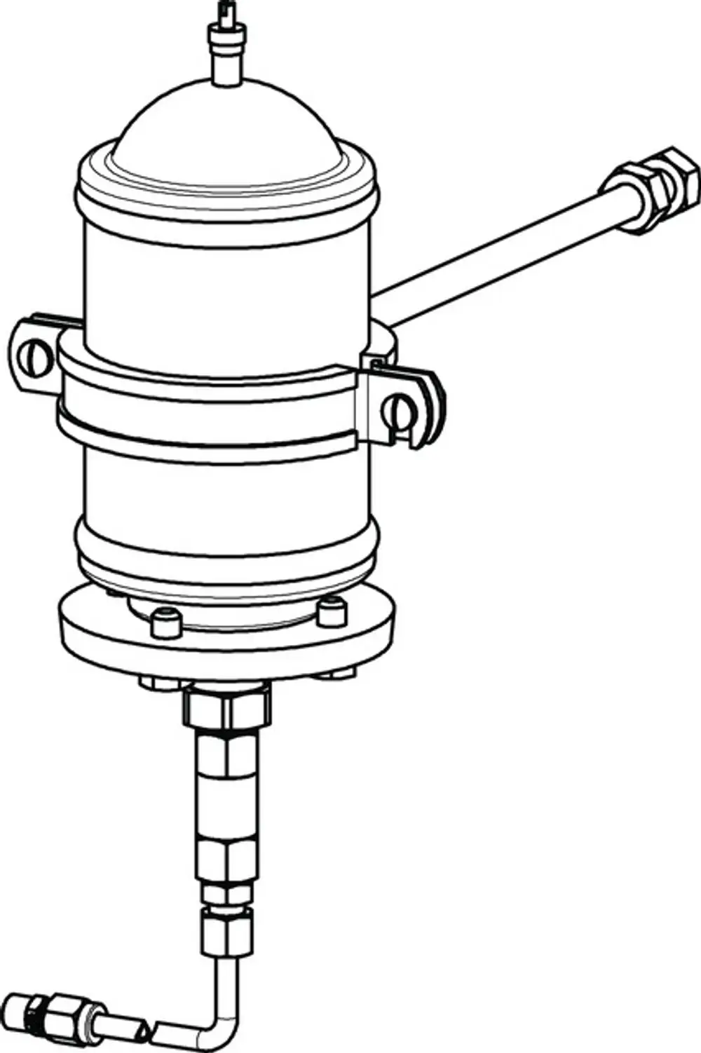 Zeichnung eines Ausdehnungsgefäßes von IMI Hydronic Engineering mit zylindrischer Form, Anschluss Rohrleitungen und Befestigungselementen.